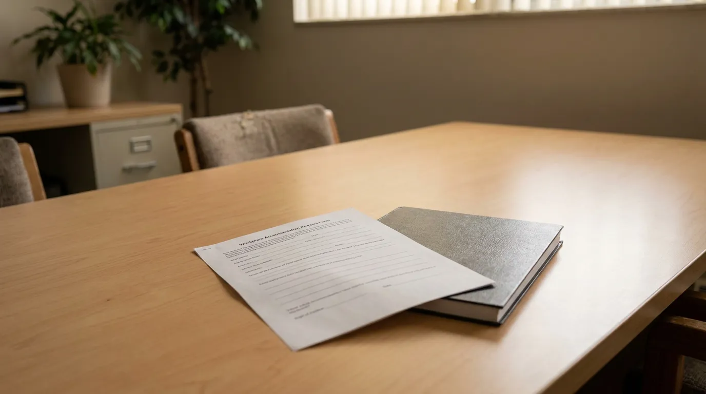 PWFA IVF Workplace Accommodation Request Form Melville NY Workplace Accommodation Request Form resting on office conference table with binder