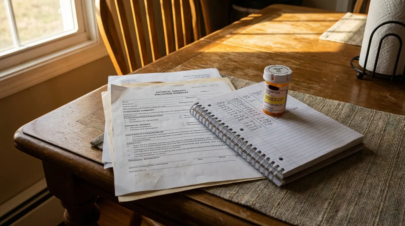 Missouri Injury Claim Medical Records and Prescription on Table physical therapy discharge summary documents, spiral notebook, and prescription bottle on wooden table
