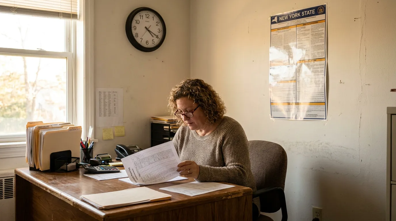 Melville NY Employee Reviewing New York Call In Pay Documents woman reviewing documents at desk with New York State poster on wall