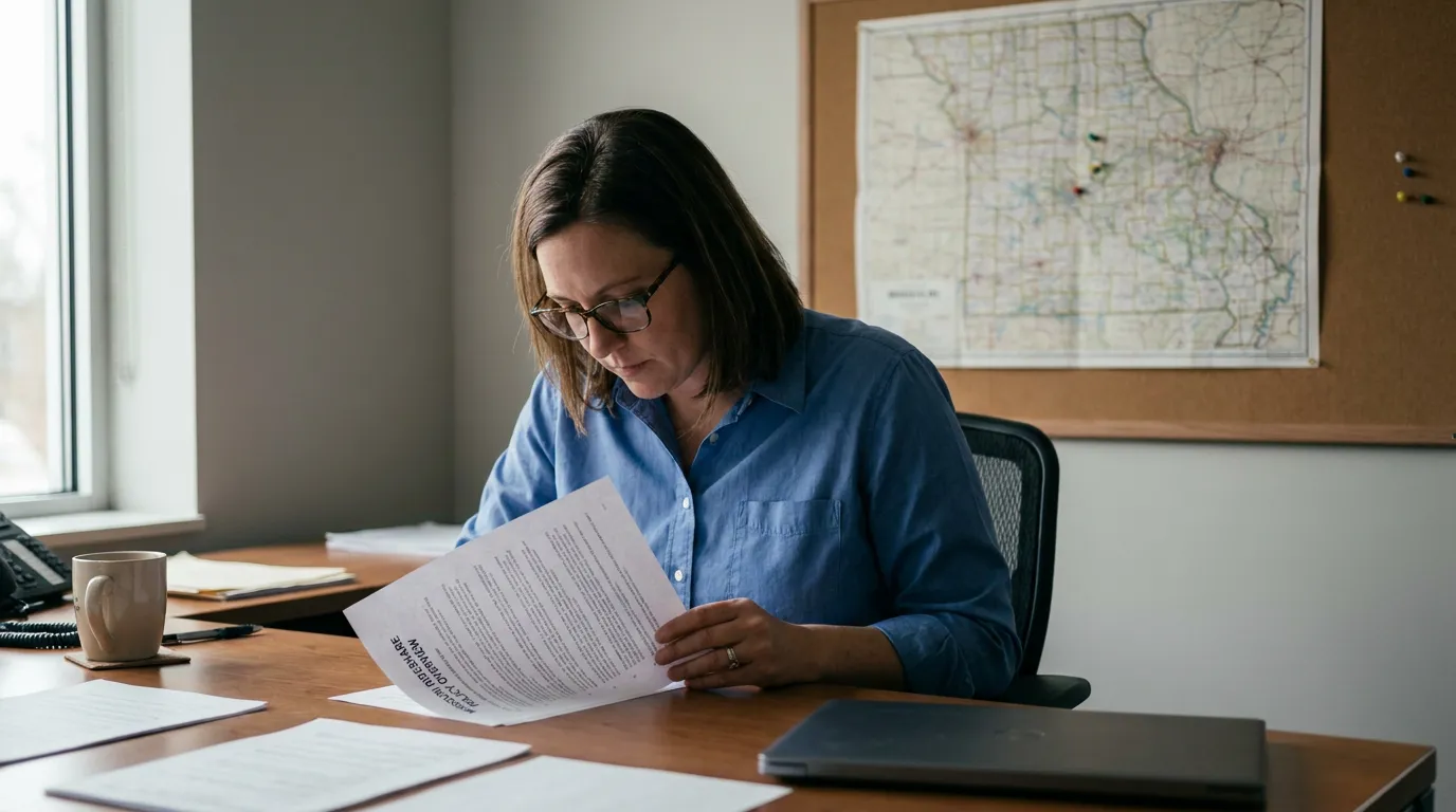 woman wearing glasses reviewing Missouri Rideshare Policy Overview document at office desk