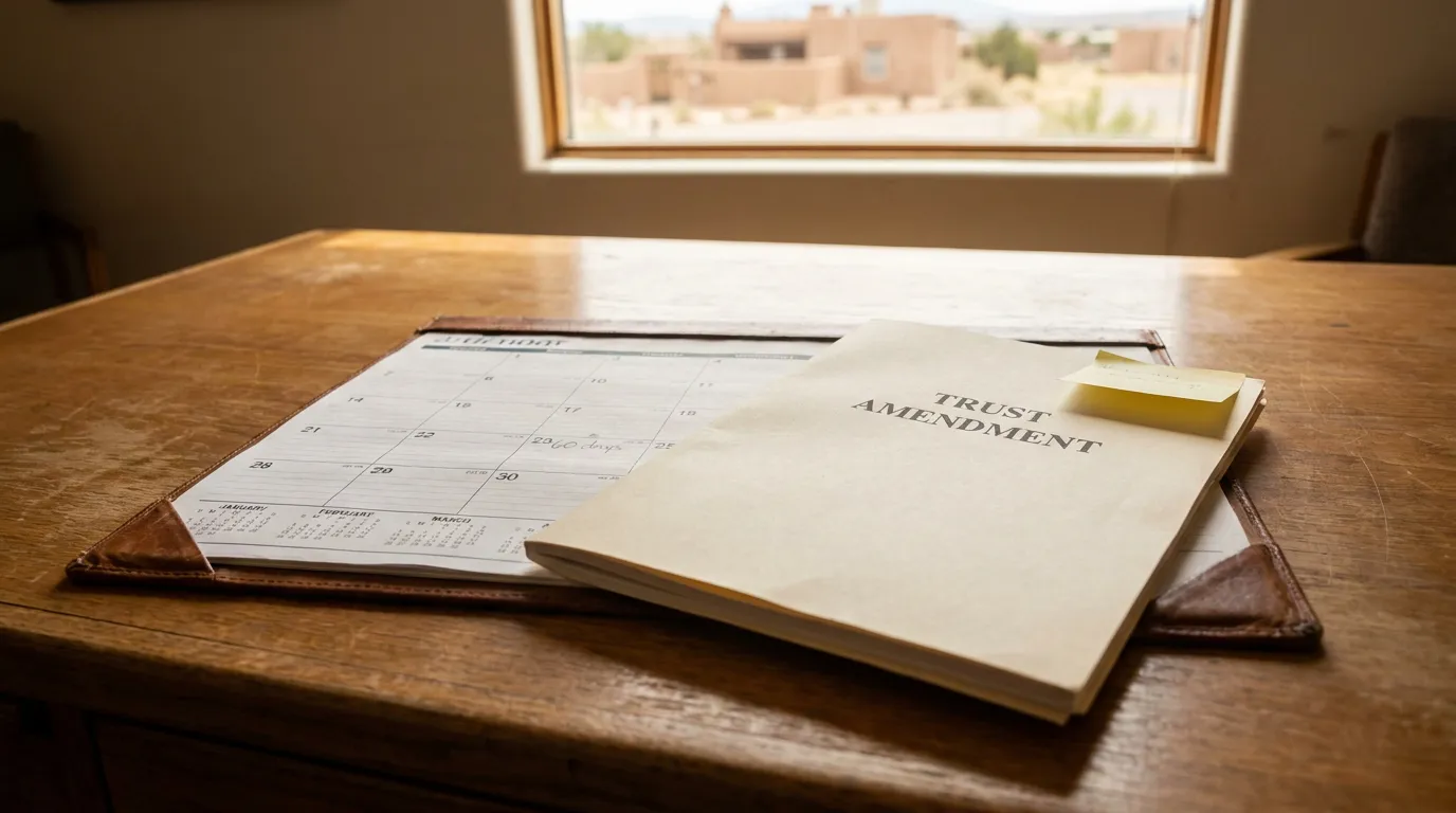 Trust Amendment document resting on open desk calendar with sticky note
