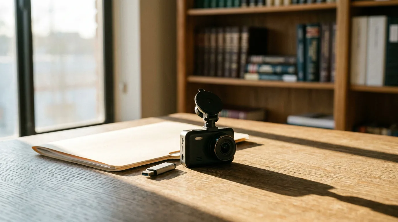 Missouri Black Box Crash Evidence on Law Office Desk dash cam, USB drive, and legal folder on law office desk