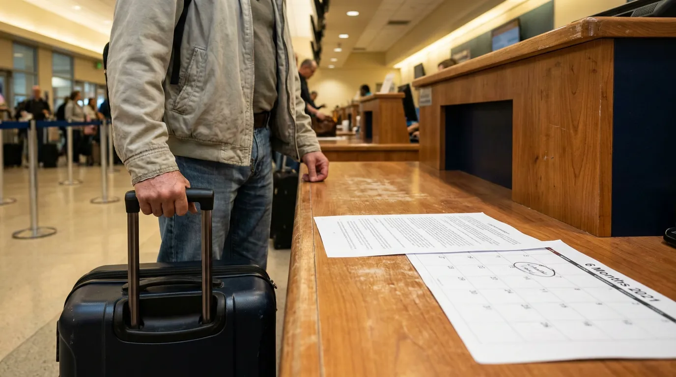 traveler with rolling suitcase at airport counter beside 6-month 2021 calendar document