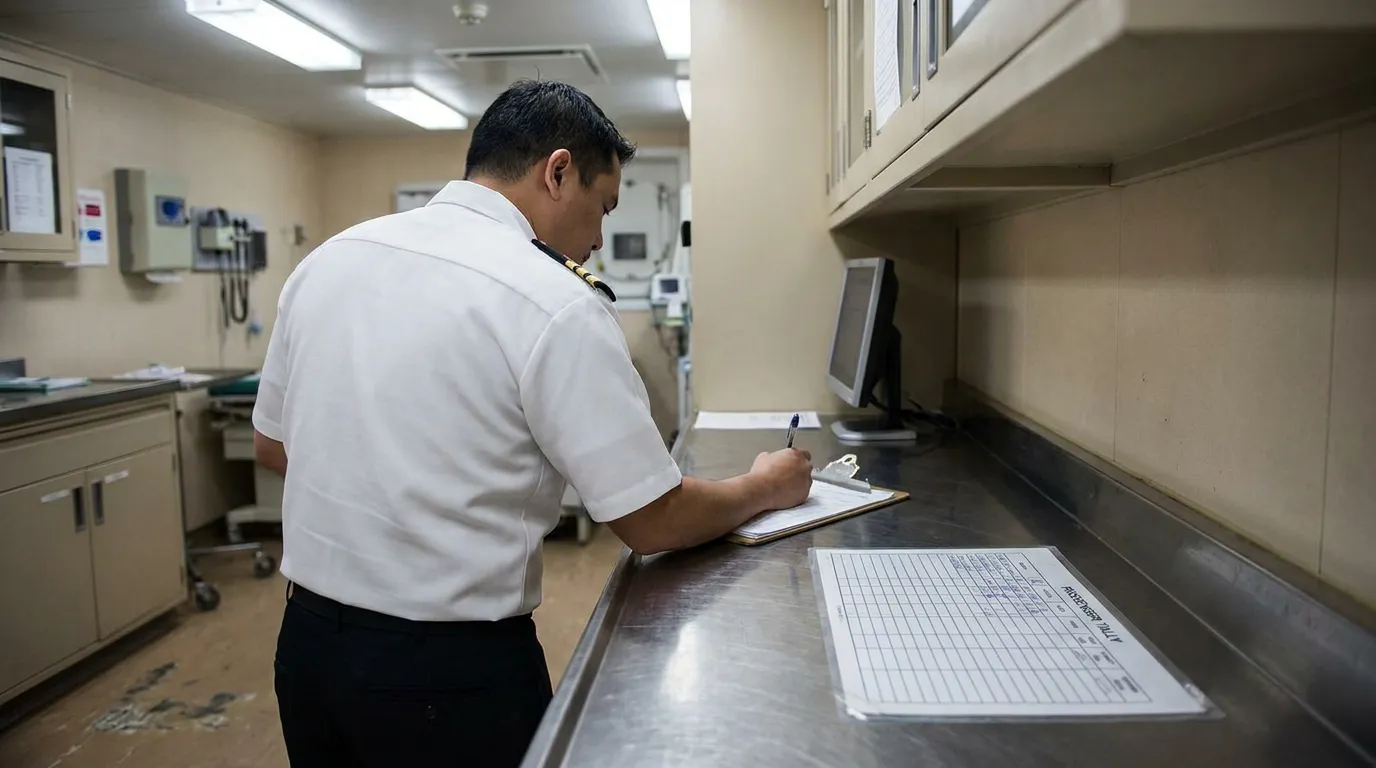 Cruise Ship Officer Documenting Norovirus Illness Report uniformed ship officer writing on clipboard in vessel medical facility