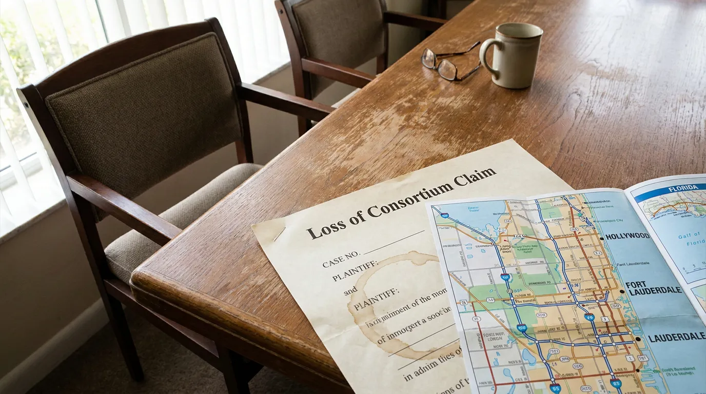Loss of Consortium Claim legal document and Florida map on wooden table