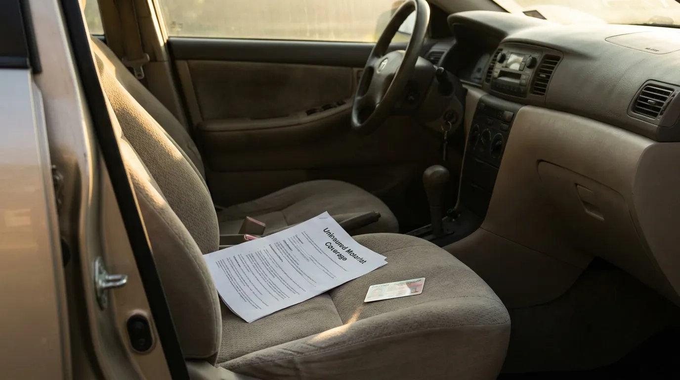 Uninsured Motorist Coverage Document Hollywood Florida Car Uninsured Motorist Coverage document and ID card resting on car passenger seat