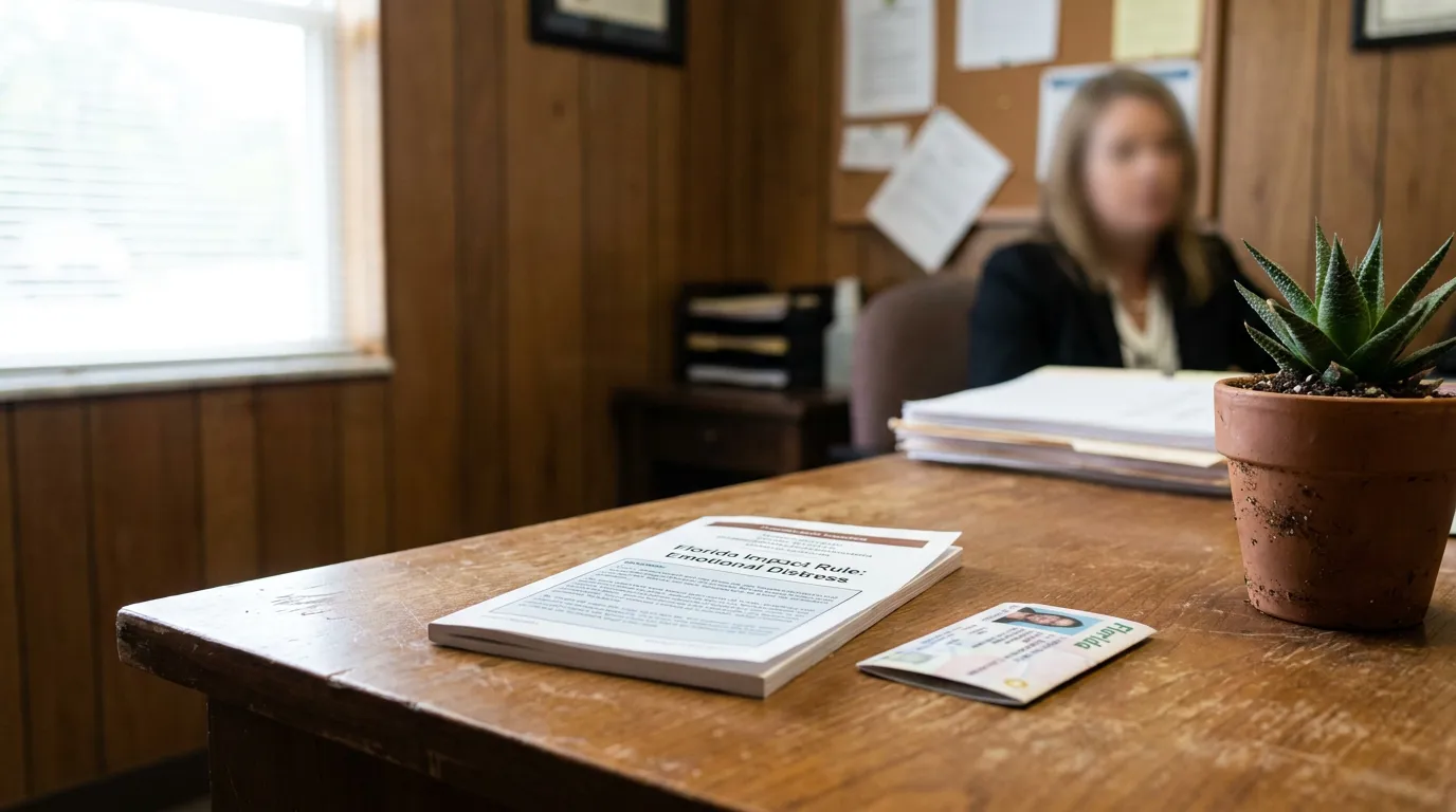 Hollywood FL Attorney Reviewing Florida Impact Rule Emotional Distress Case Florida Impact Rule Emotional Distress document and Florida ID on law office desk