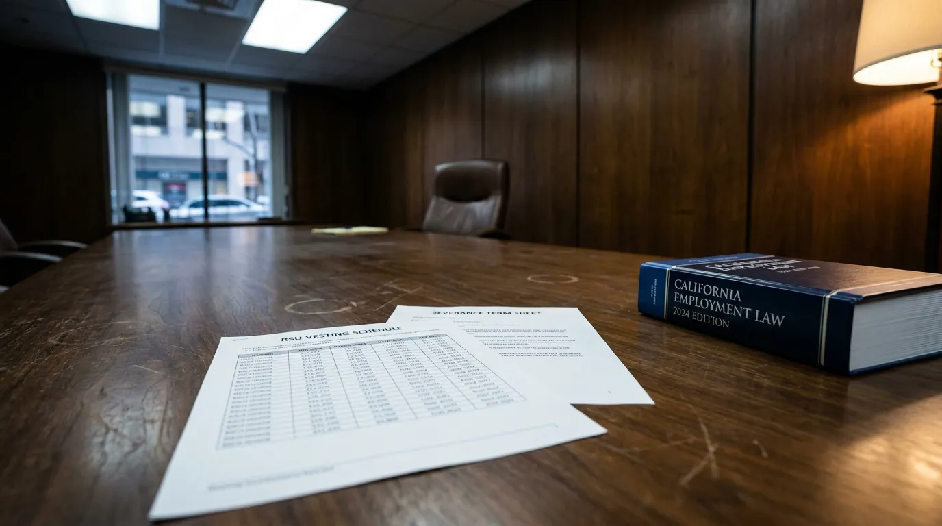 Los Angeles RSU Vesting Schedule and California Severance Term Sheet RSU vesting schedule, severance term sheet, and California Employment Law 2024 book on conference table