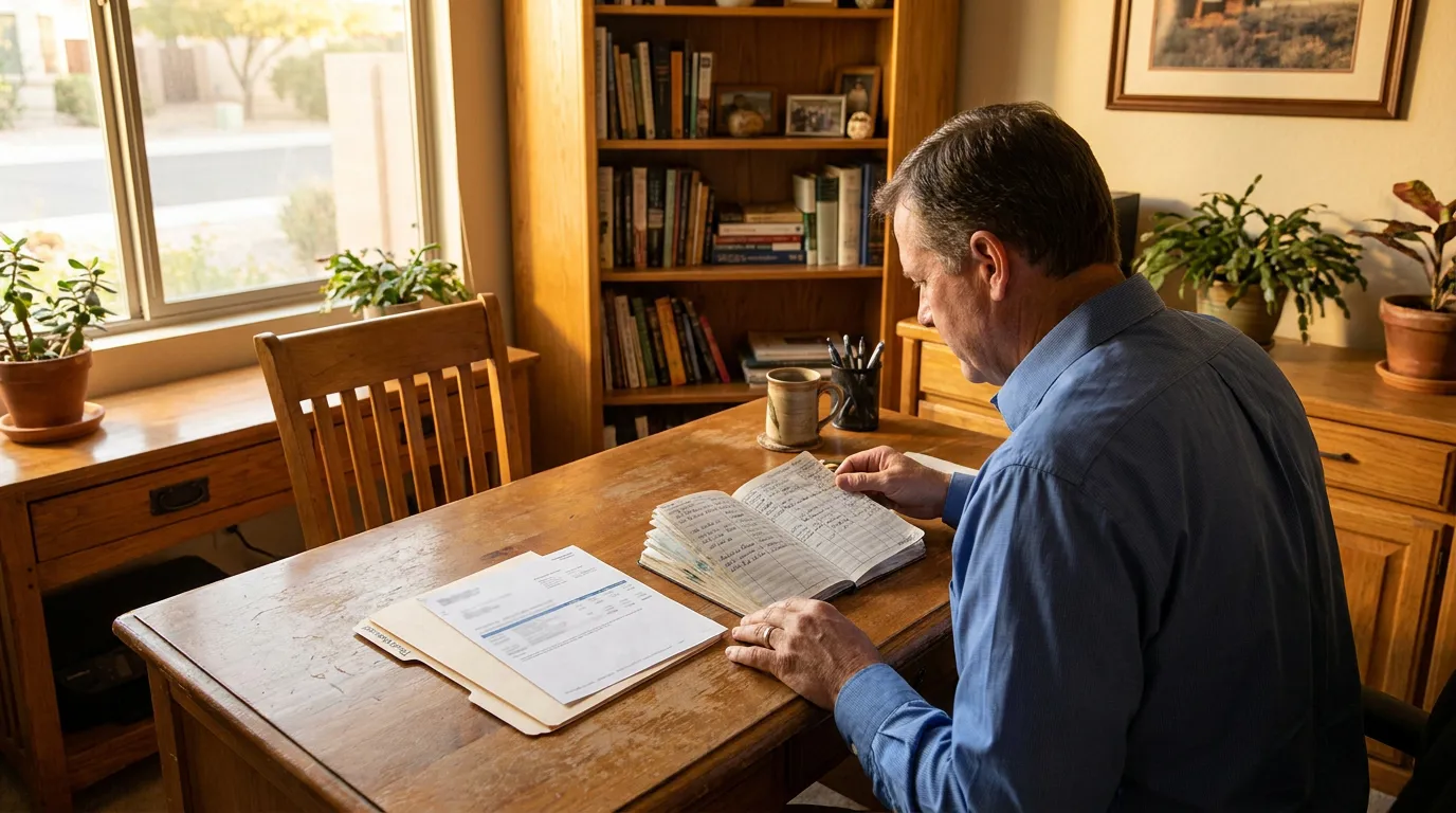 Chandler Trustee Reviewing Trust Asset Records at Home man seated at wooden table reviewing handwritten notebook and legal documents