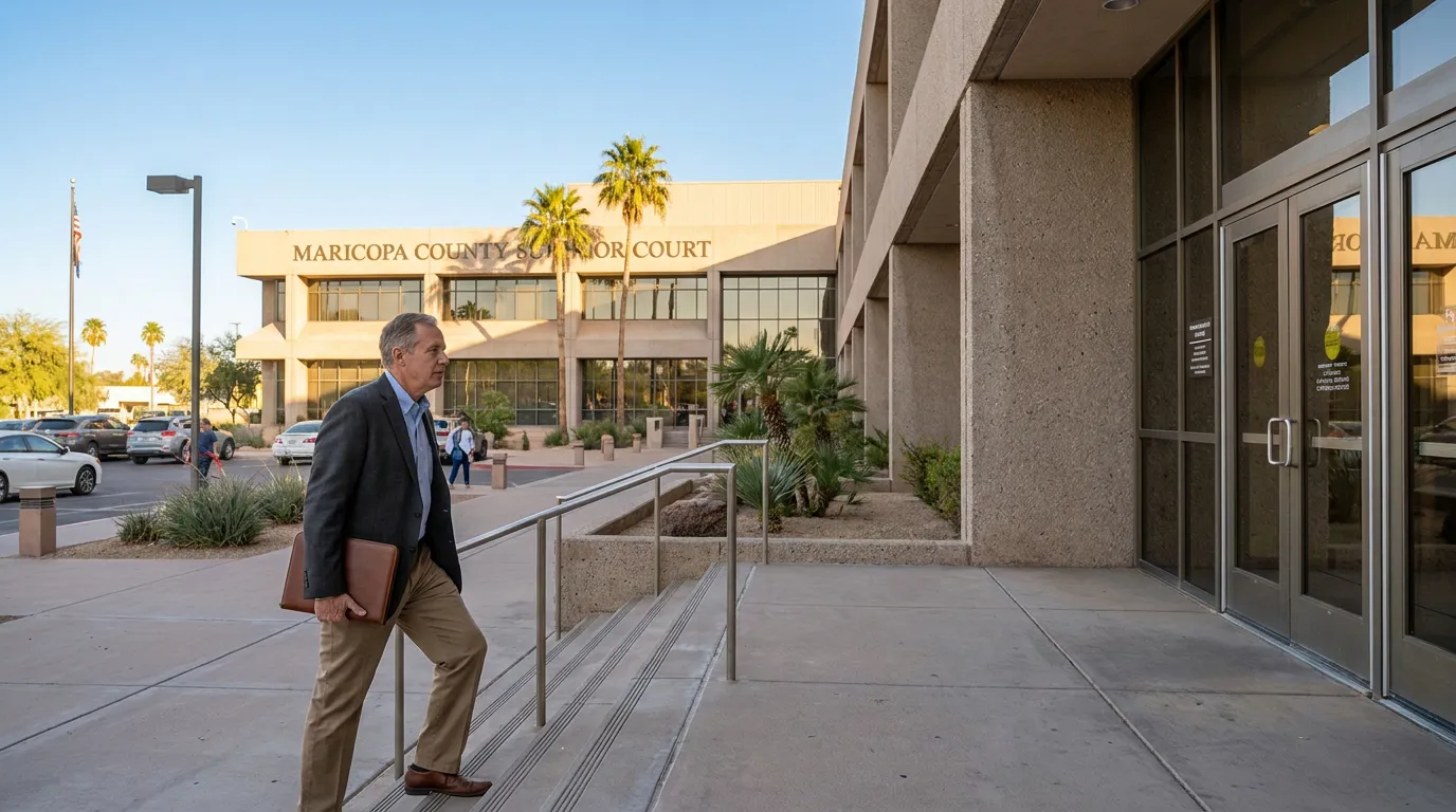 Mesa Trust Attorney at Maricopa County Superior Court attorney carrying folder walking toward Maricopa County Superior Court entrance