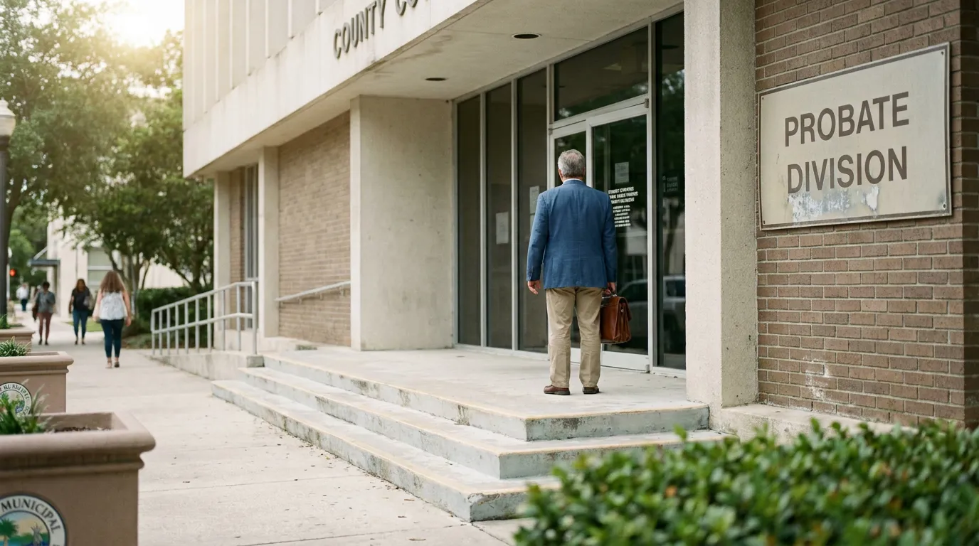 Attorney Entering Florida County Court Probate Division attorney carrying briefcase entering County Court Probate Division building