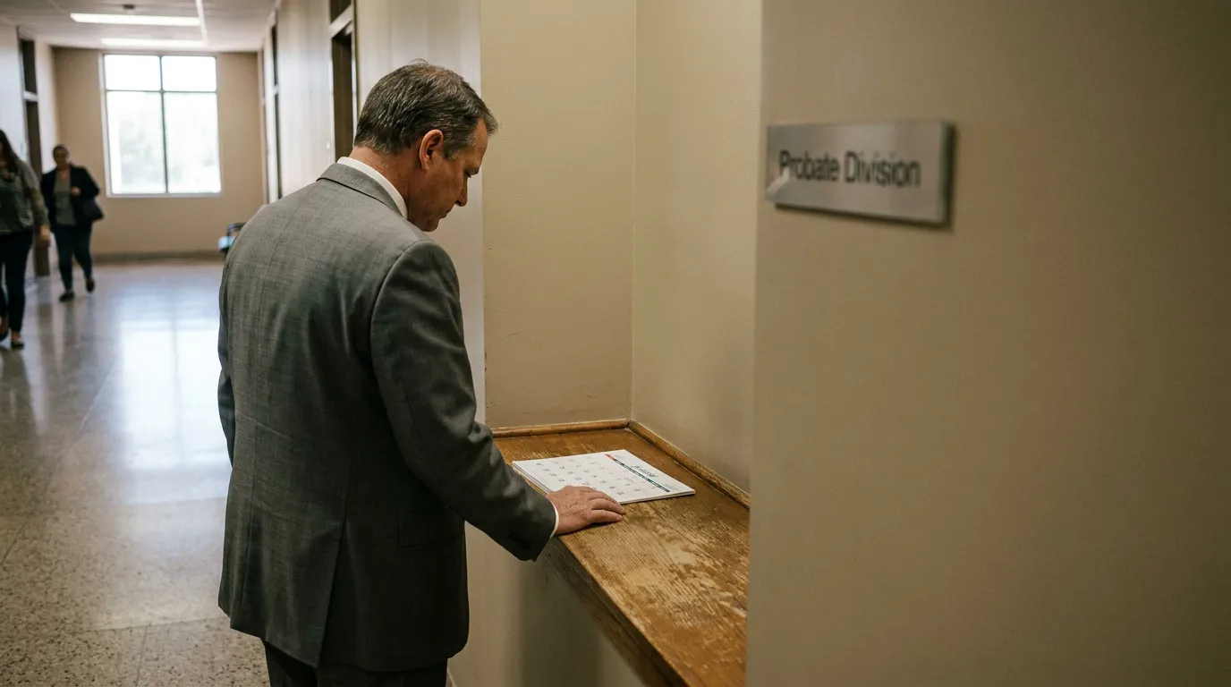 Attorney Reviewing Calendar at Gilbert Probate Division suited attorney reviewing document at Probate Division courthouse counter