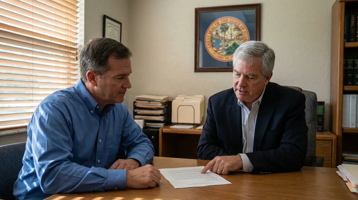Florida Attorney Reviewing Beneficiary Designation Form With Client two men reviewing legal document at desk beneath Great Seal of Florida