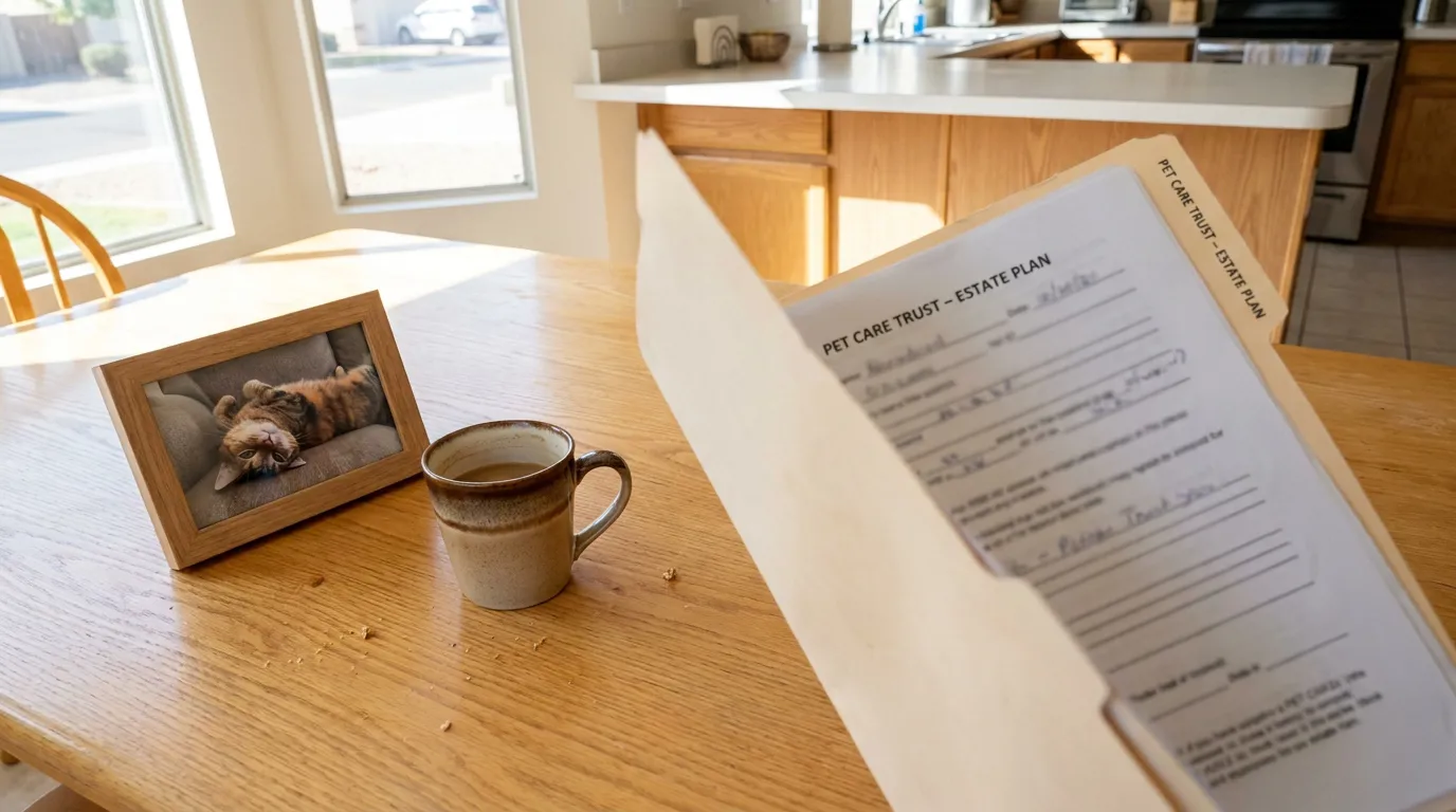 Pet Care Trust Estate Plan document on table beside framed cat photo and mug