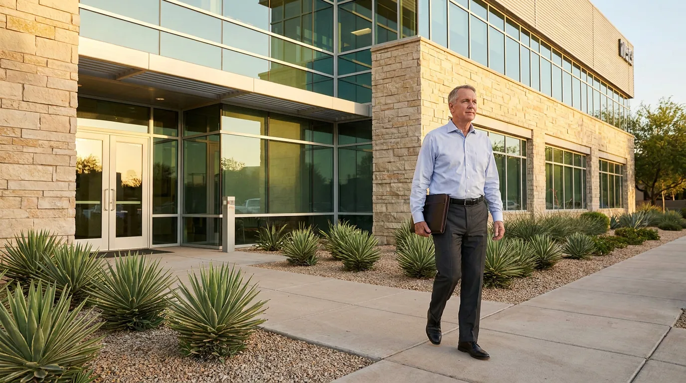 Mesa Arizona Trustee Outside Office Building professional man carrying portfolio folder walking outside modern office building