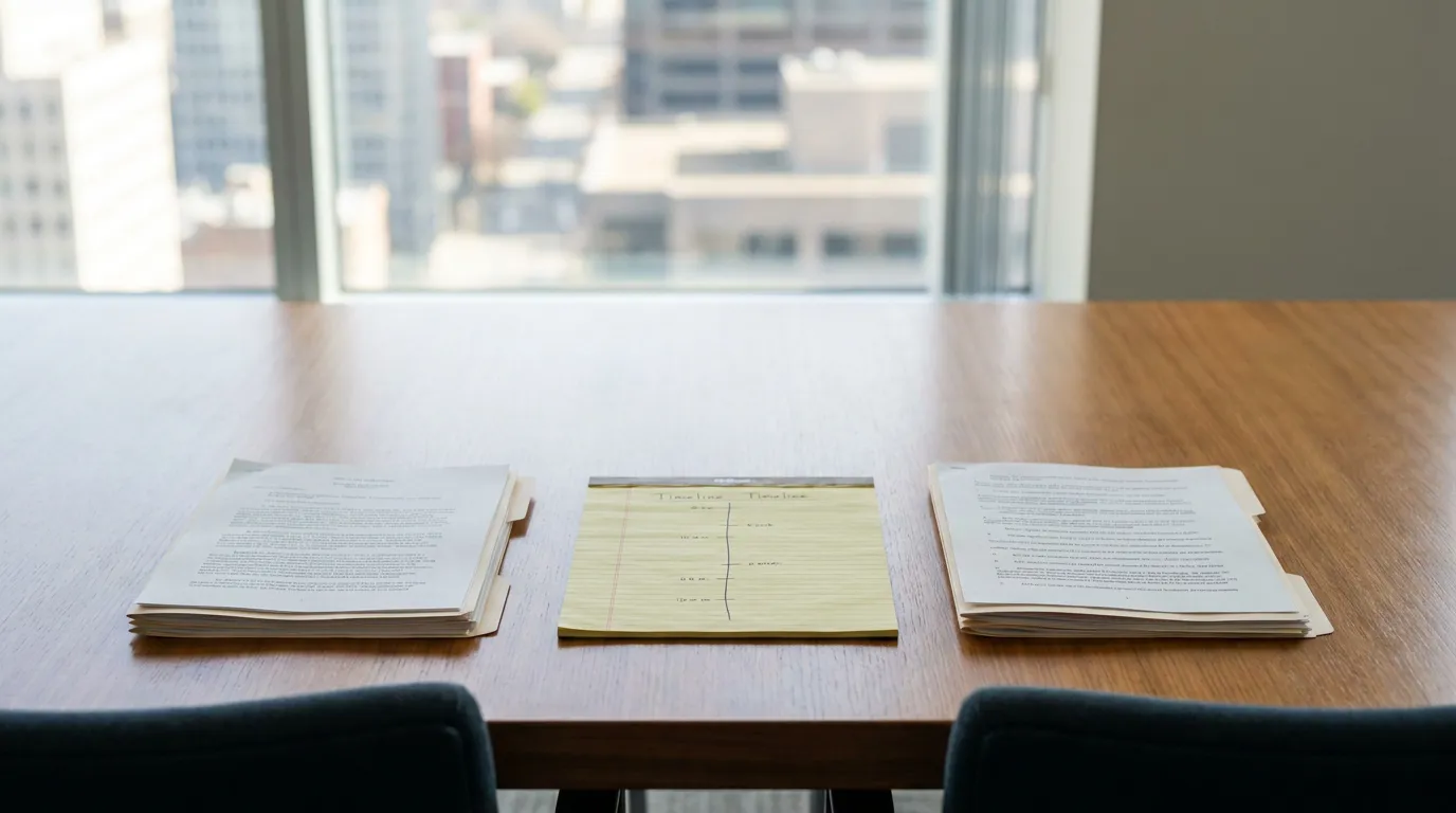 Florida Divorce RSU Coverture Fraction Timeline Documents legal documents and handwritten timeline notepad on conference room table