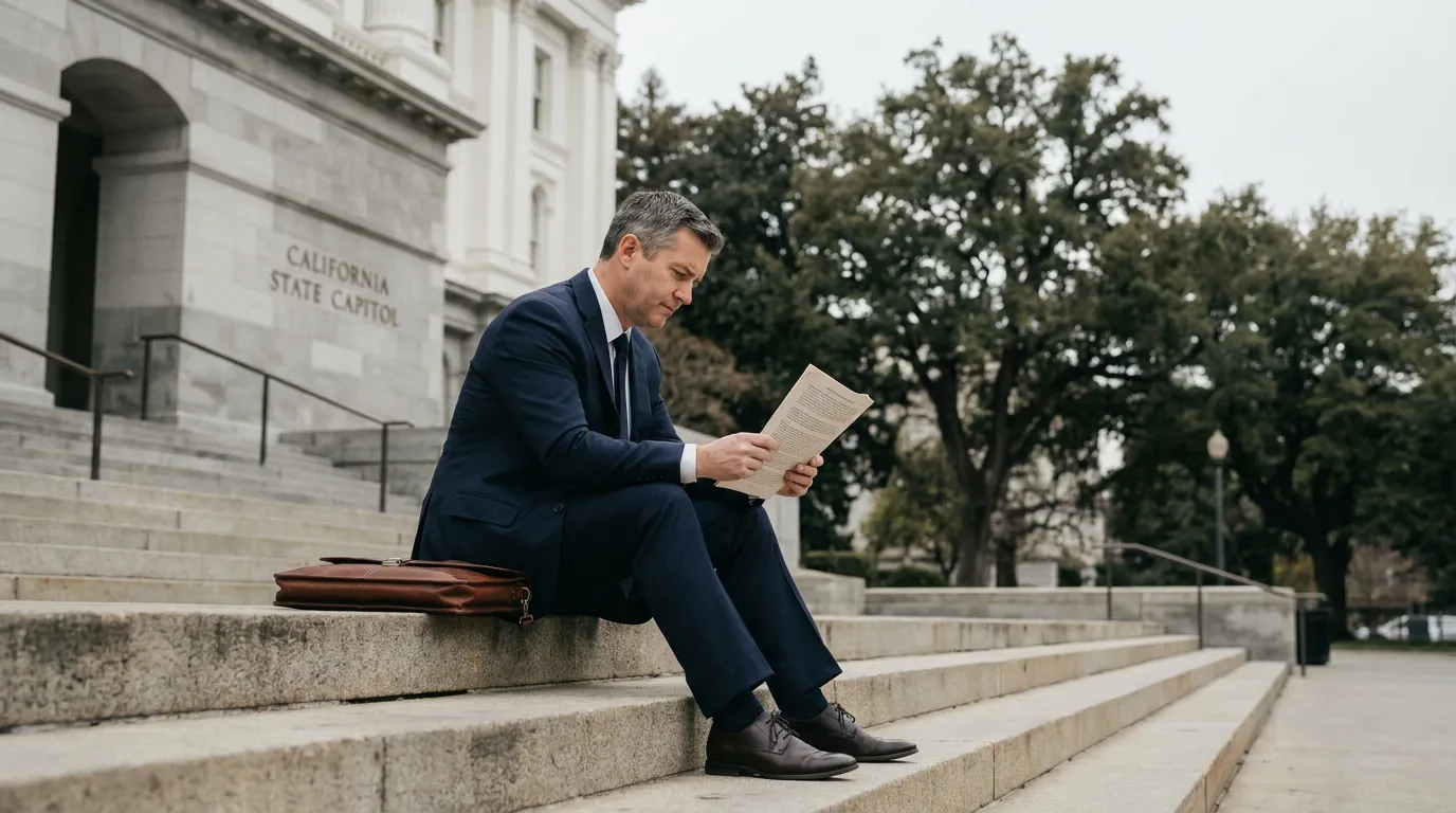 Attorney Reviewing AB 692 Severance Agreement at California State Capitol suited attorney reading legal document on California State Capitol steps with briefcase