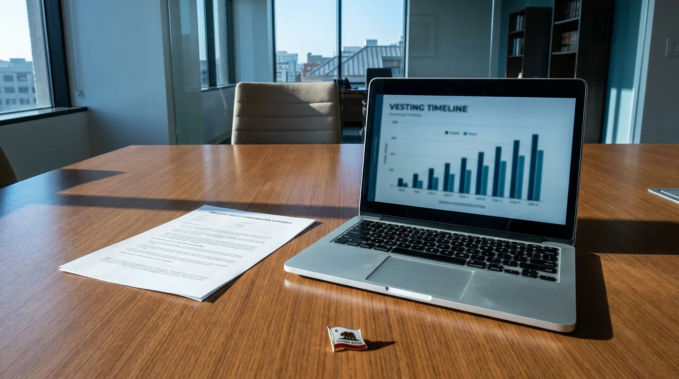 Los Angeles Lawyer Reviewing Unvested Stock Option Vesting Schedule laptop displaying Vesting Timeline bar chart beside employment equity compensation document and California pin