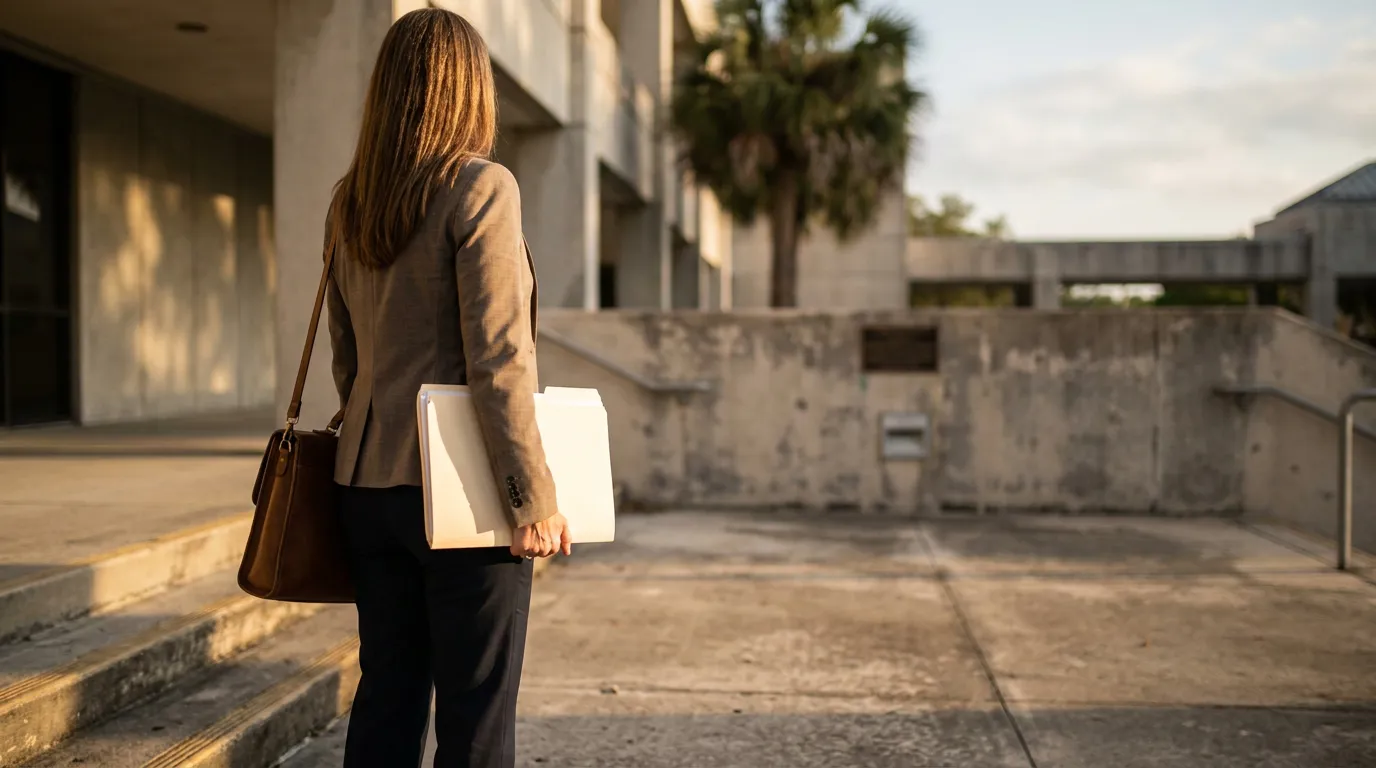 Florida Divorce Attorney Carrying Financial Disclosure Documents Courthouse professional woman carrying legal files and briefcase outside courthouse steps