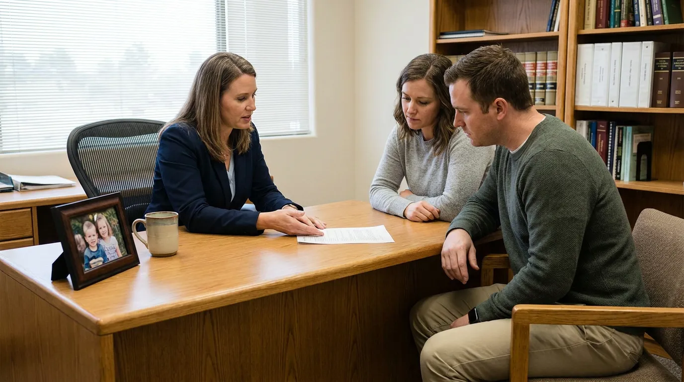 attorney reviewing document with couple seated across office desk with law books