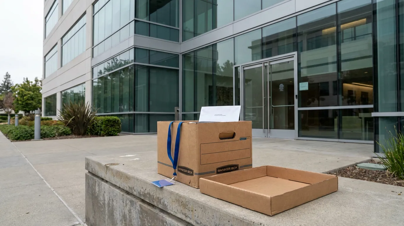Banker Box with lanyard and envelope outside glass office building entrance