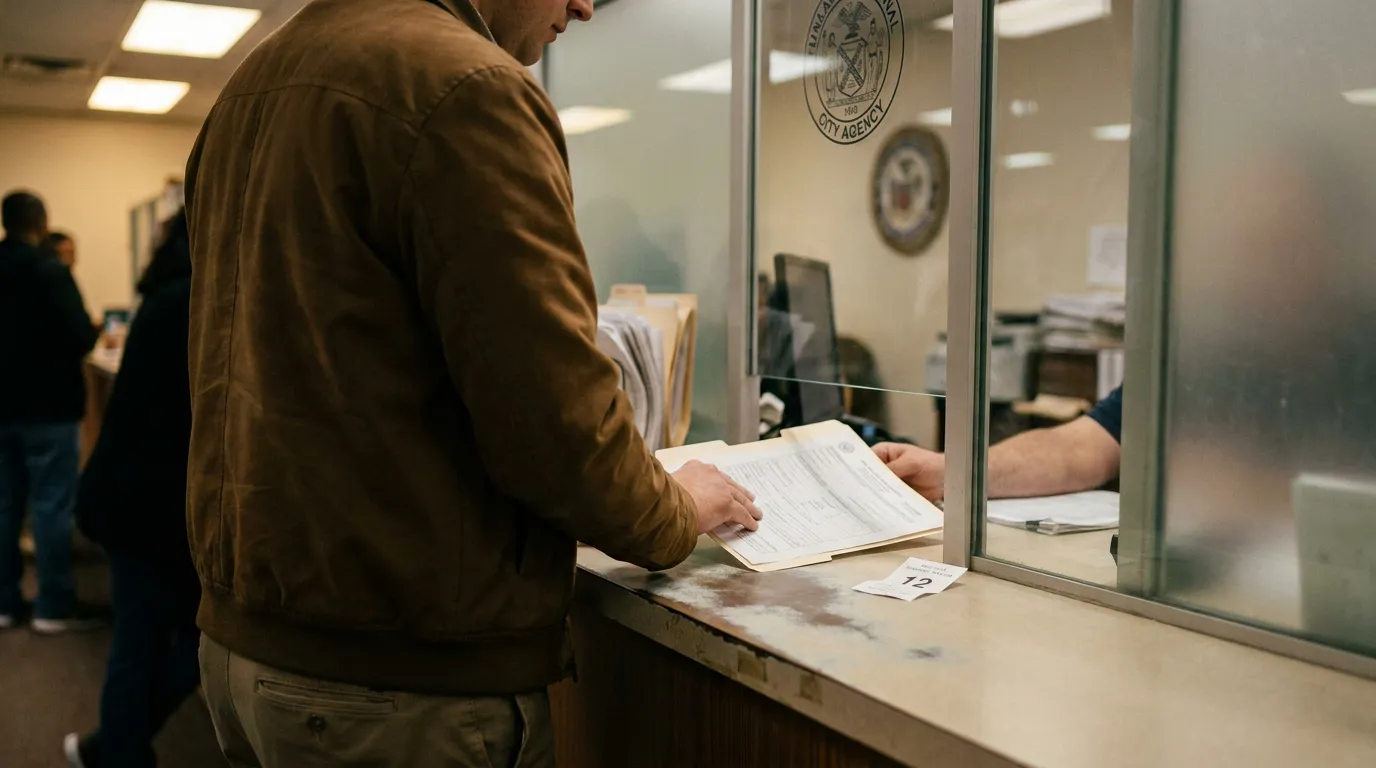 man submitting legal documents at city agency clerk window with official seal