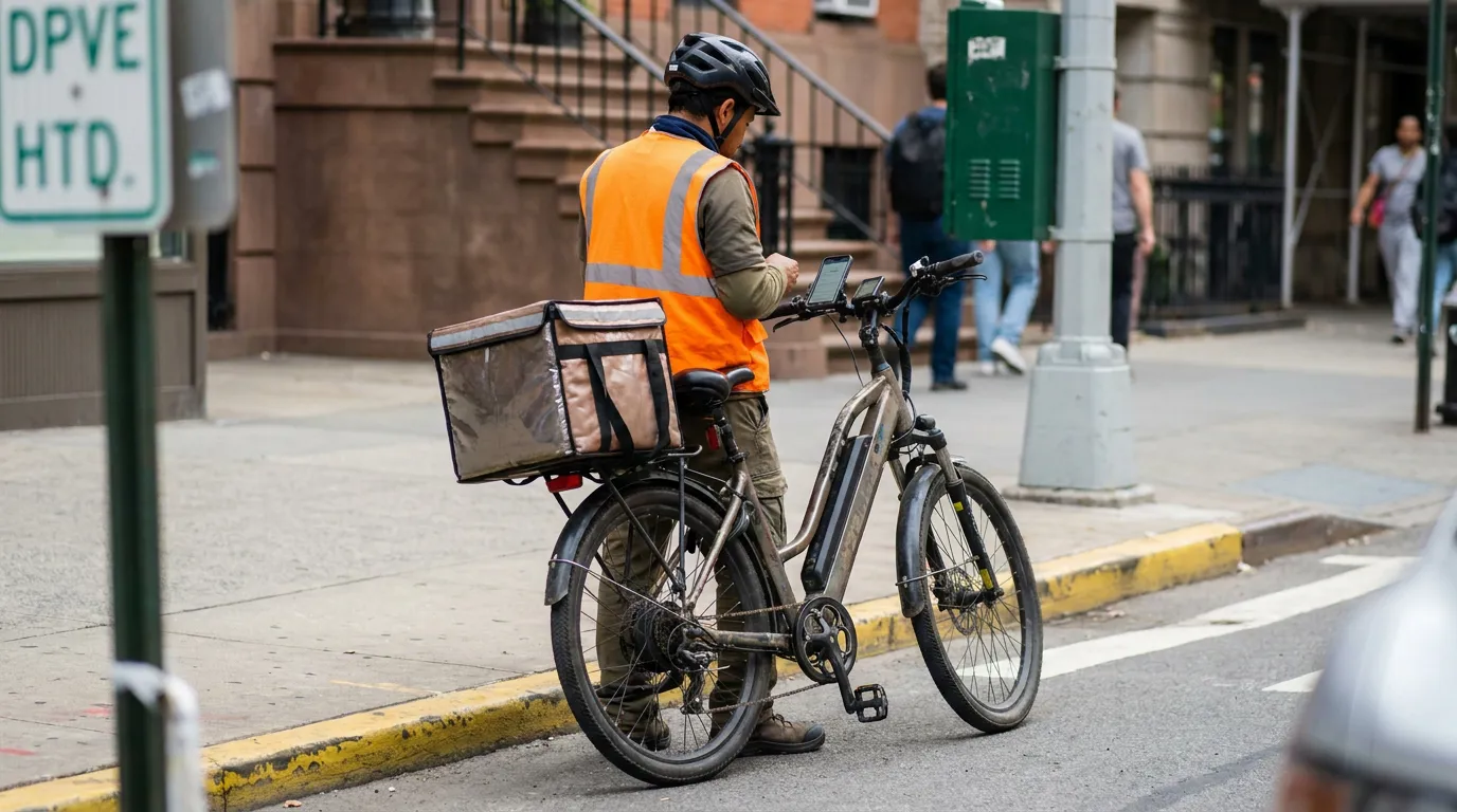 NYC Food Delivery E-Bike Rider on City Street delivery worker in safety vest on e-bike checking phone at city intersection
