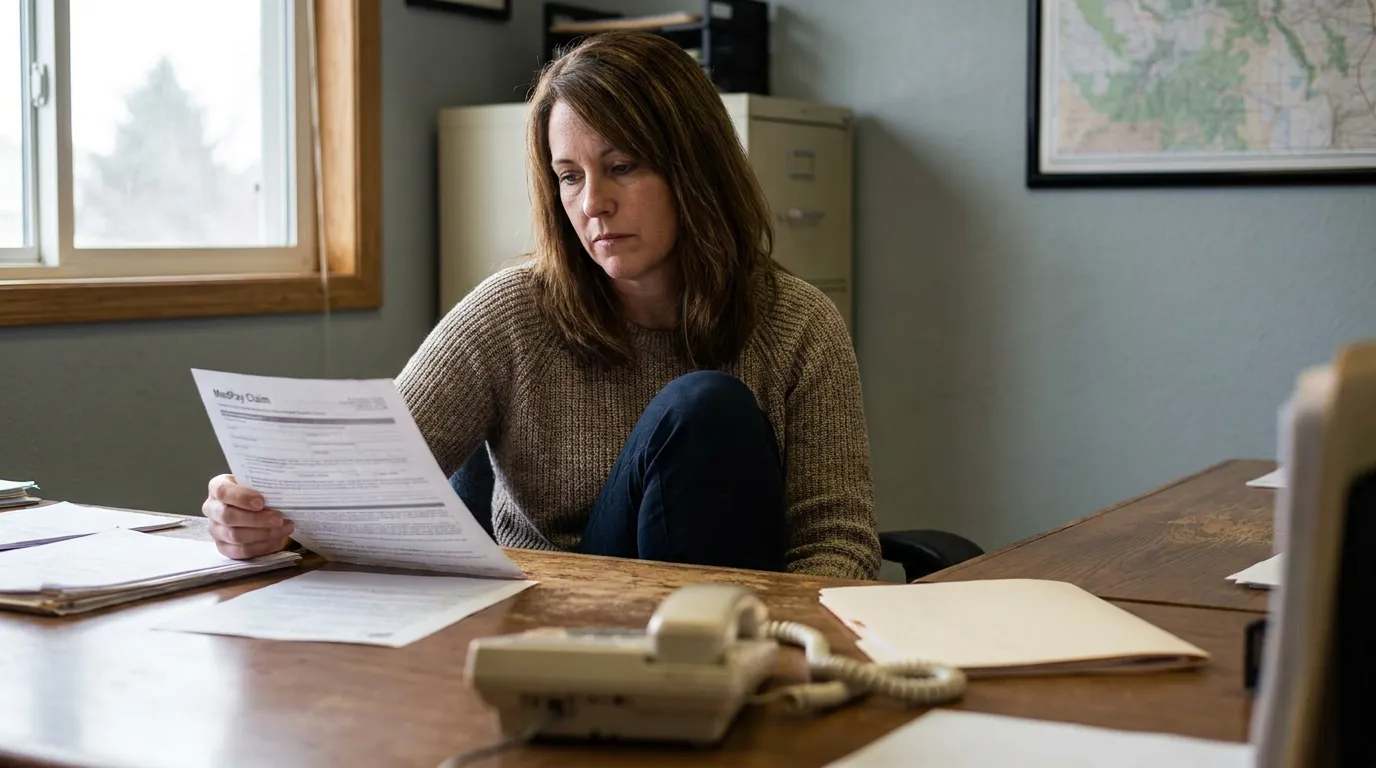 Woman Reviewing MedPay Claim Form After Centennial Car Accident woman reviewing MedPay Claim form at desk with scattered legal documents
