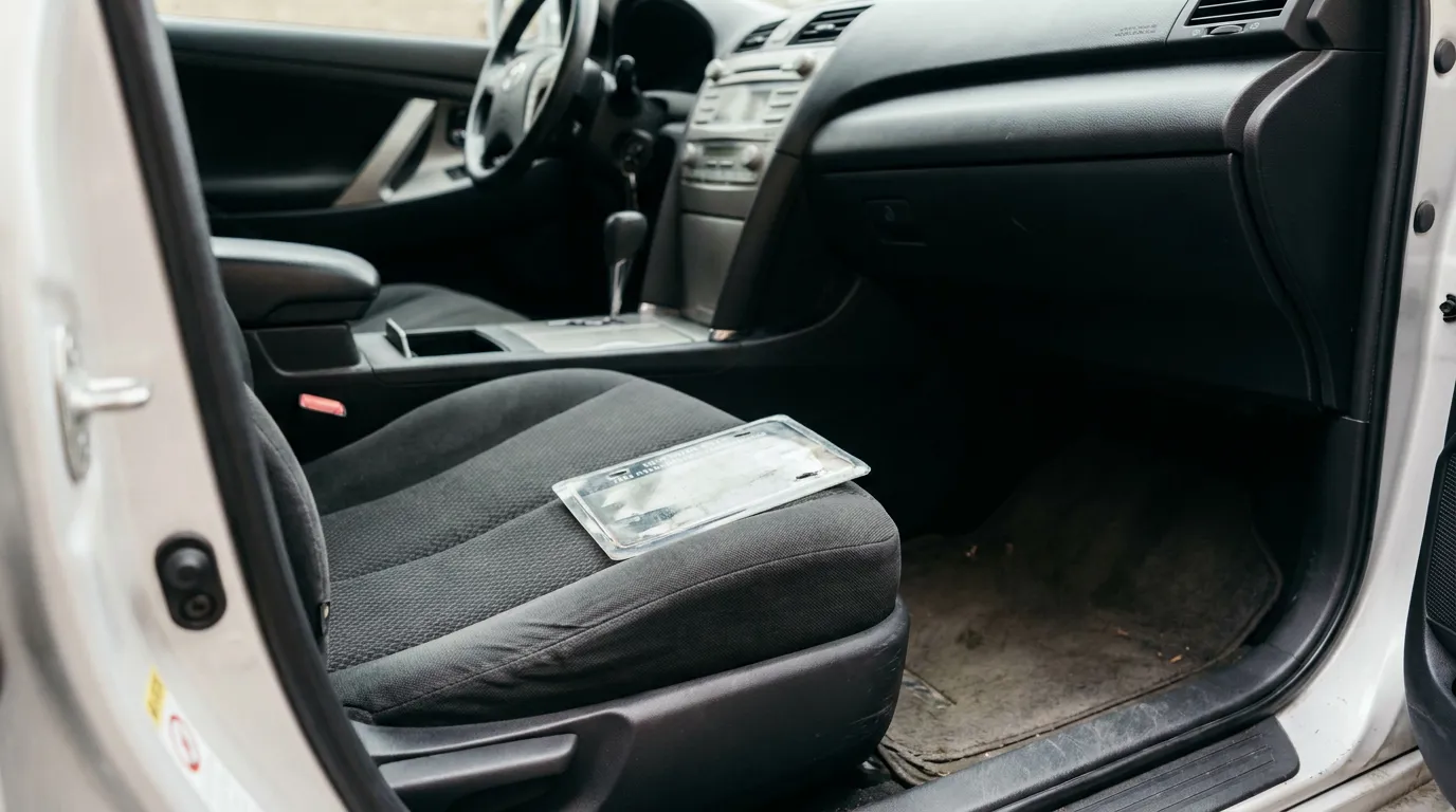 NYC TLC Rideshare Vehicle Interior With Insurance Document vehicle interior with document in plastic sleeve resting on passenger seat