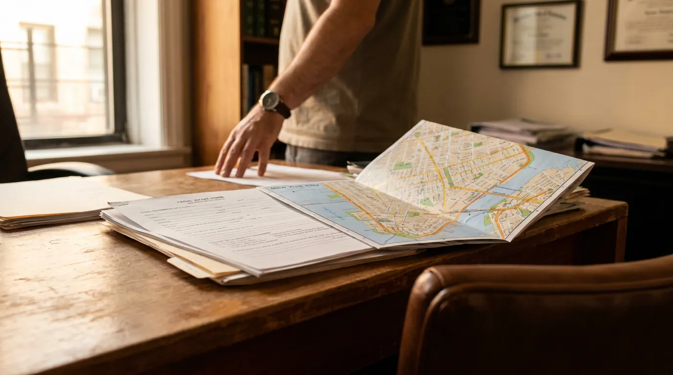 legal intake form and New York City map open on wooden office desk