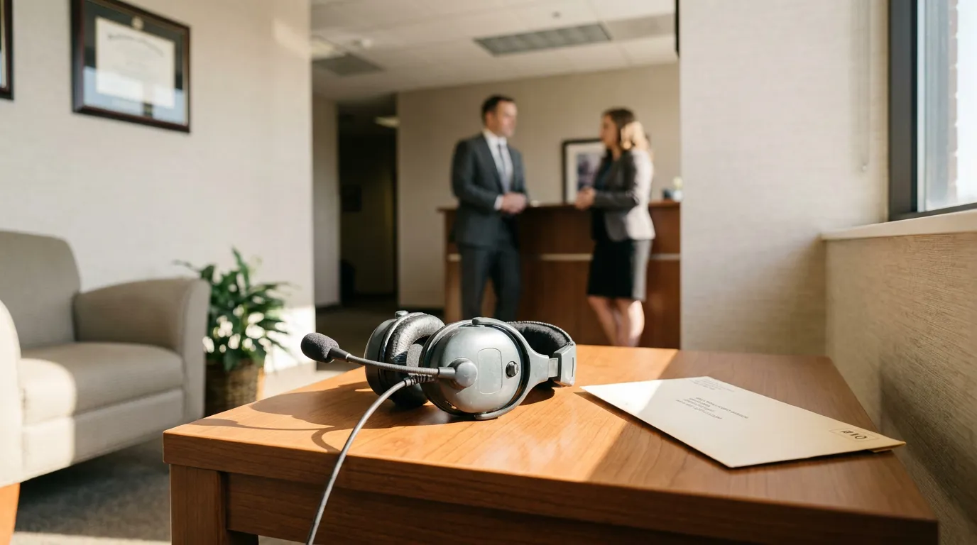 headset with microphone and legal document on desk in law office reception