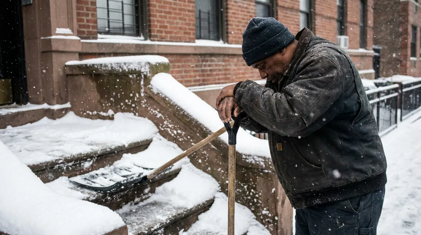 NYC Property Owner Shoveling Snow During Active Storm worker leaning on snow shovel clearing snow-covered building steps during snowstorm