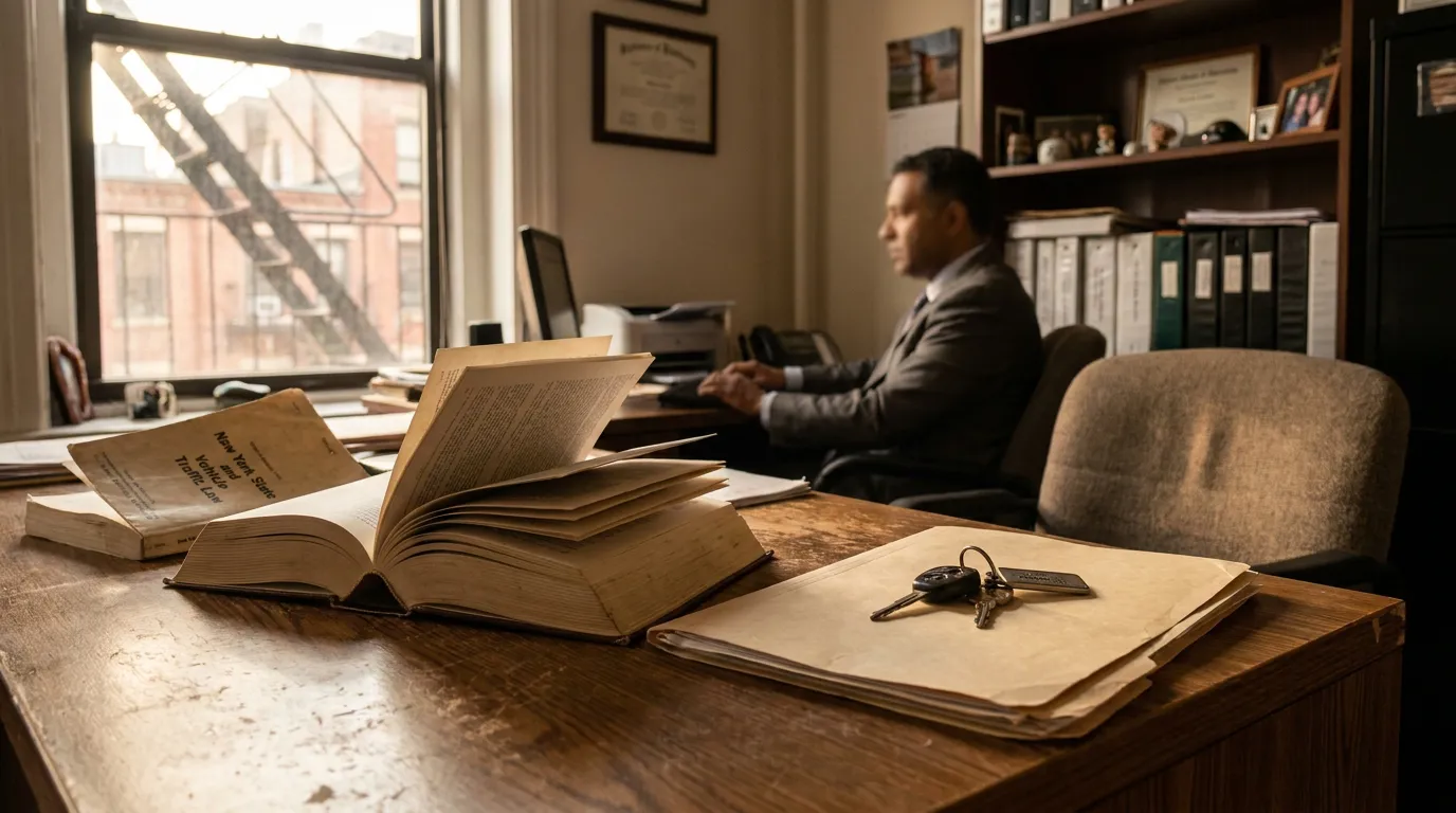 New York State Vehicle and Traffic Law book open on attorney's desk with car keys