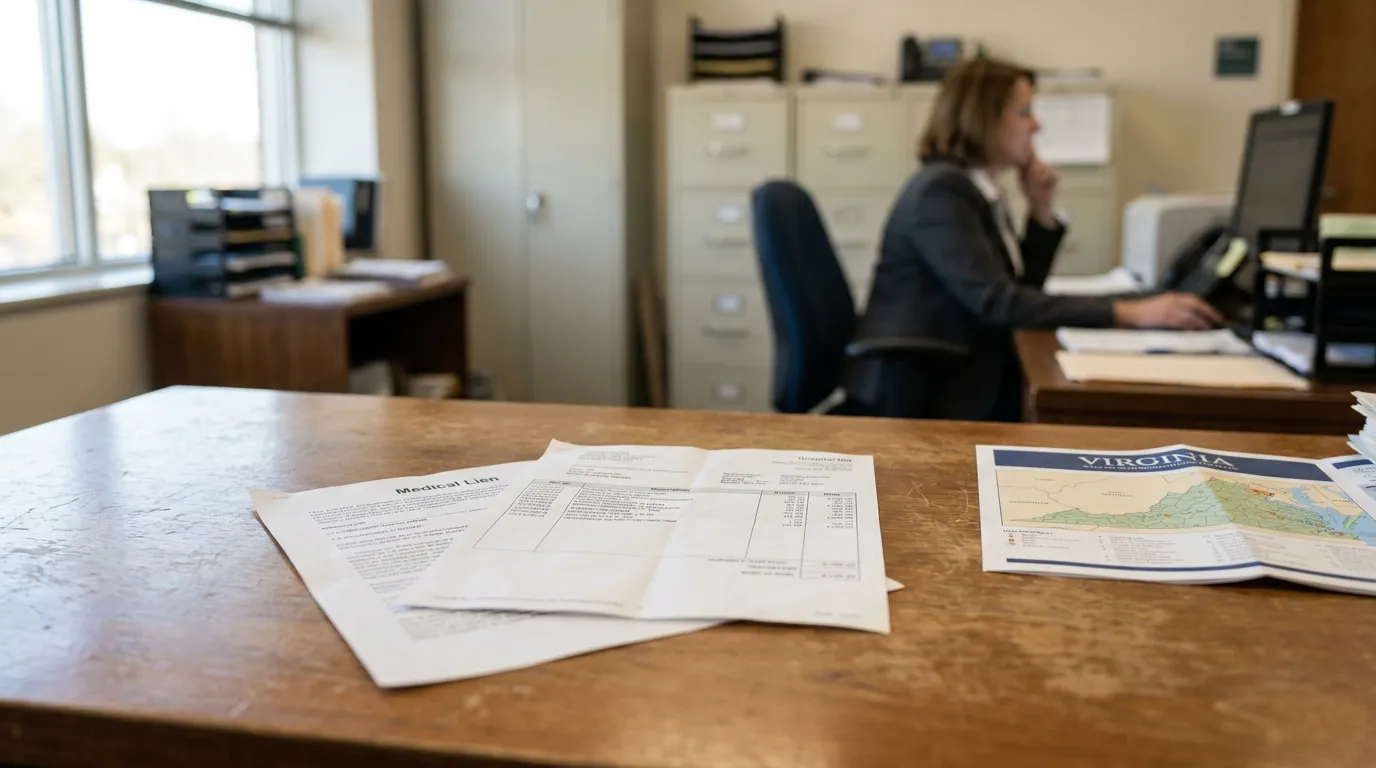 McLean Attorney Reviewing Virginia Hospital Lien Car Accident Documents Medical lien and hospital bill documents on desk with attorney working at computer