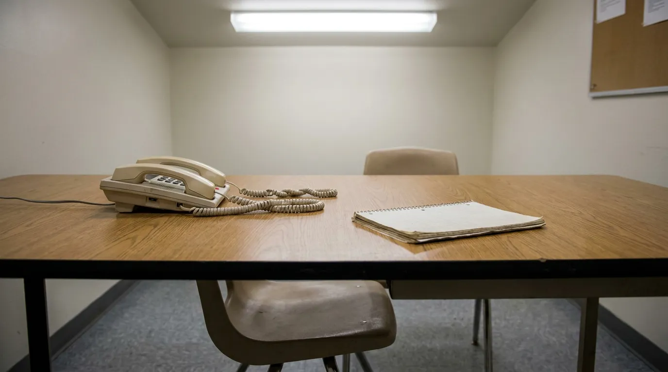sparse interrogation room with landline telephone, spiral notepad, and two chairs