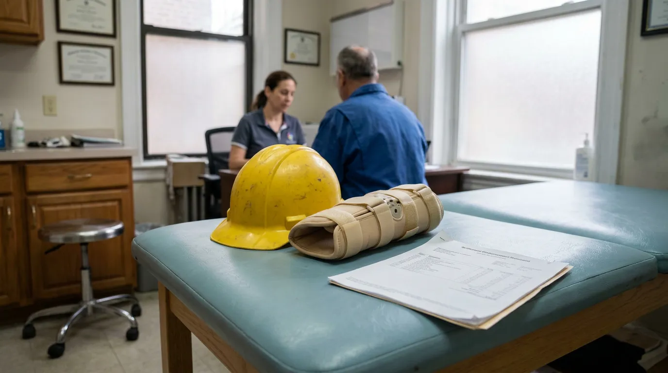 Injured Worker Consultation Staten Island Workers Comp Lien construction hard hat, orthopedic brace, and medical documents on examination table
