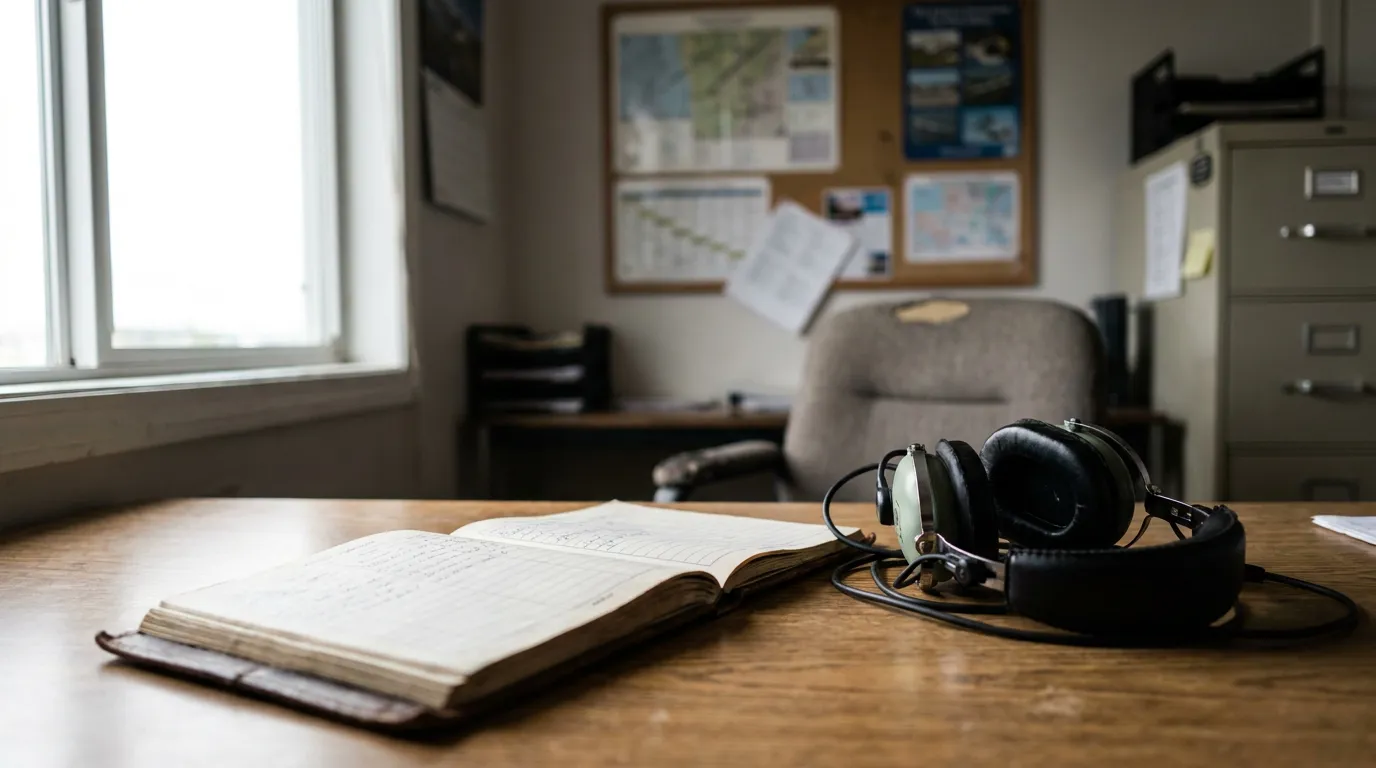 open handwritten logbook and aviation headset resting on wooden desk