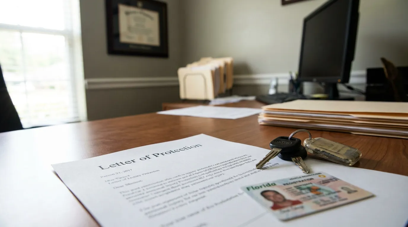 Letter of Protection document on desk with car keys and Florida ID card