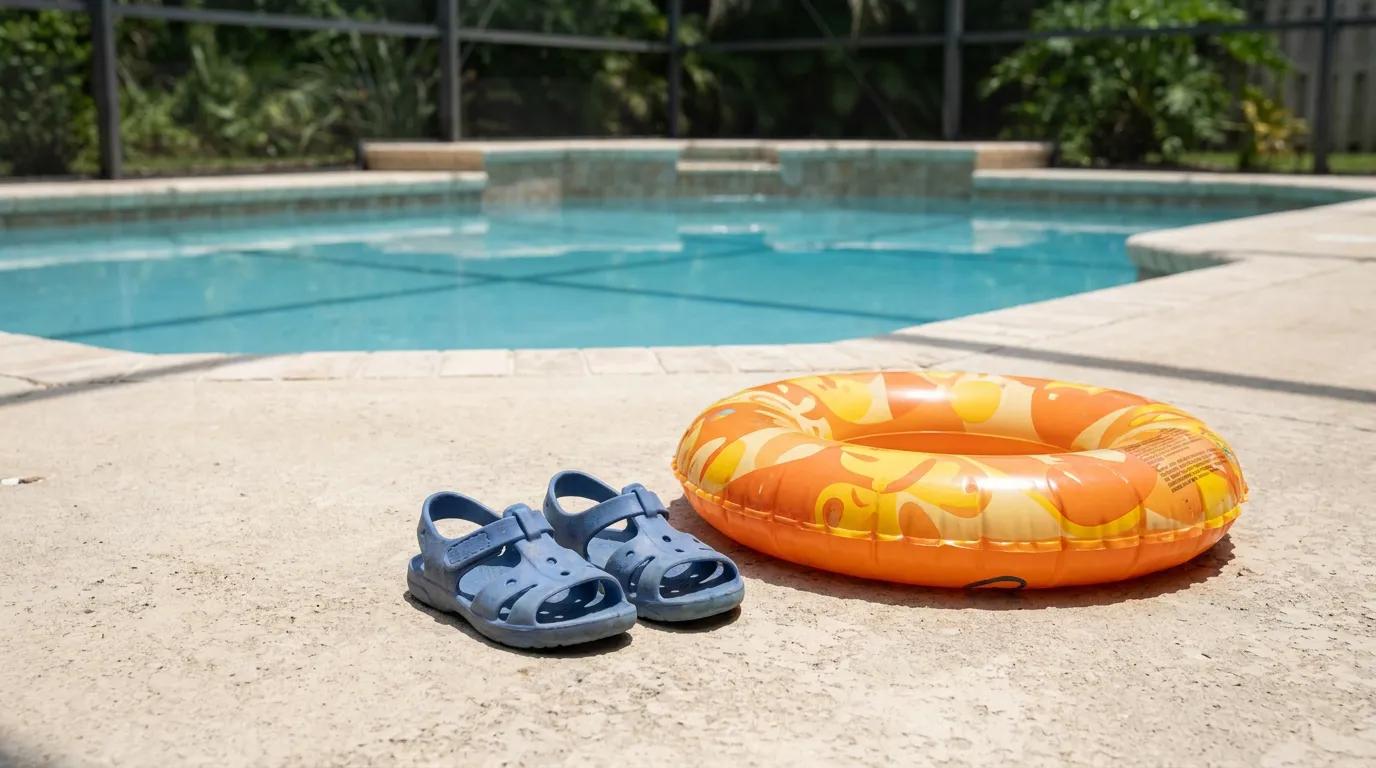 Child Shoes and Float by Fort Lauderdale Unsecured Pool child's sandals and inflatable ring float on pool deck beside backyard swimming pool