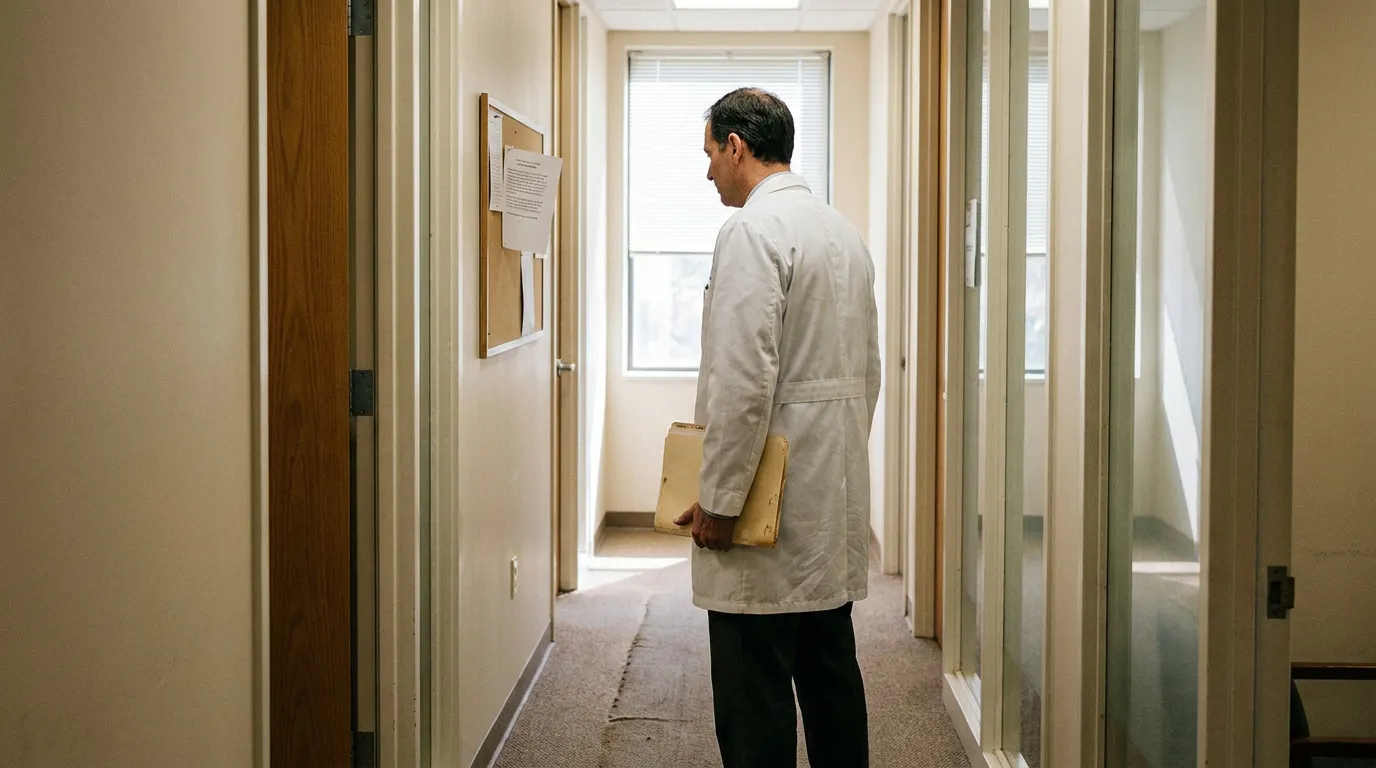 McLean Virginia Medical Malpractice Review Panel Health Care Provider physician in lab coat holding clipboard standing in medical office hallway