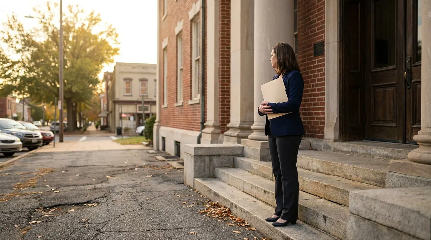 Virginia Medical Malpractice Attorney Outside Courthouse female attorney holding legal folder standing on courthouse steps outside brick building