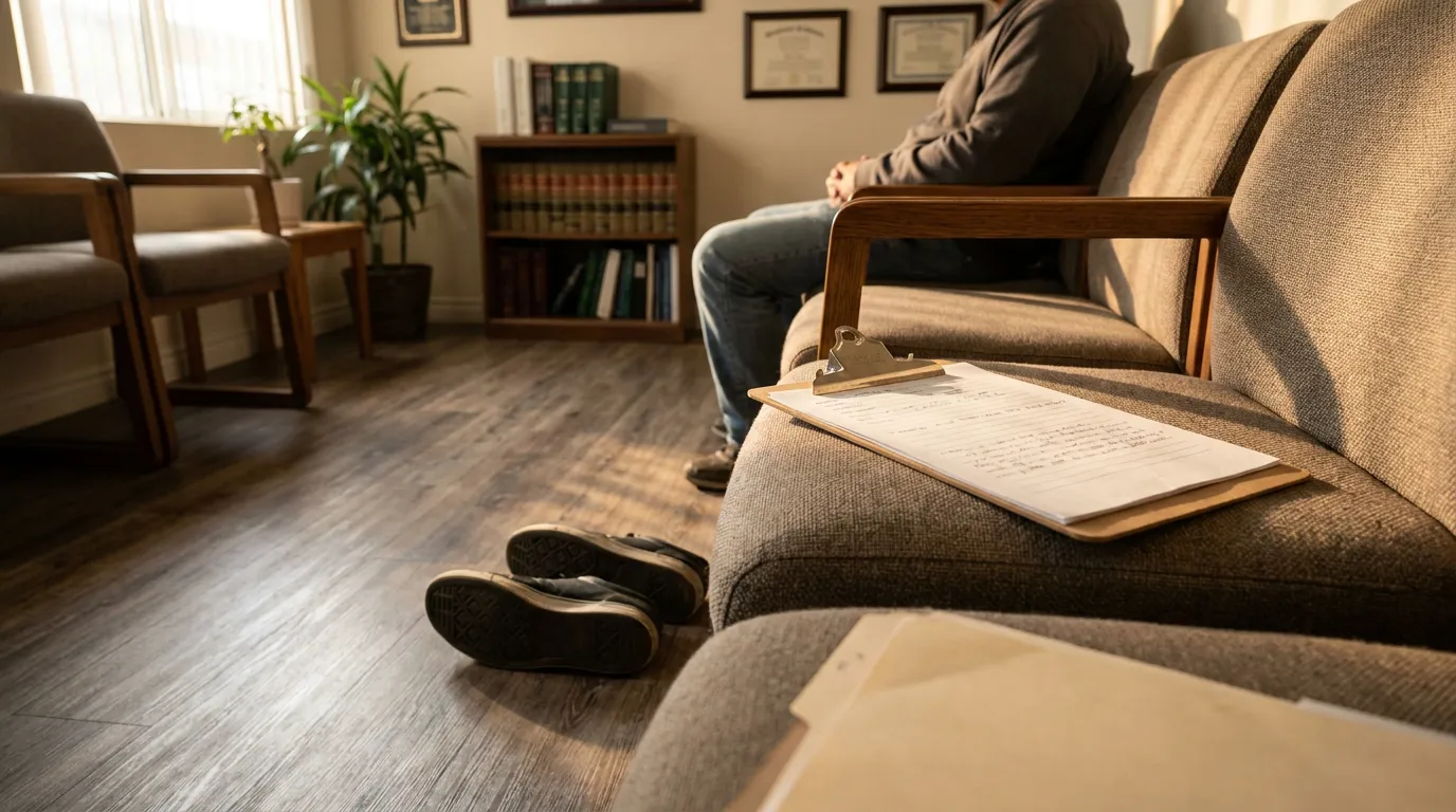 Hollywood Slip and Fall Client Meeting at Attorney Office person seated in law office waiting area with clipboard and handwritten form on sofa