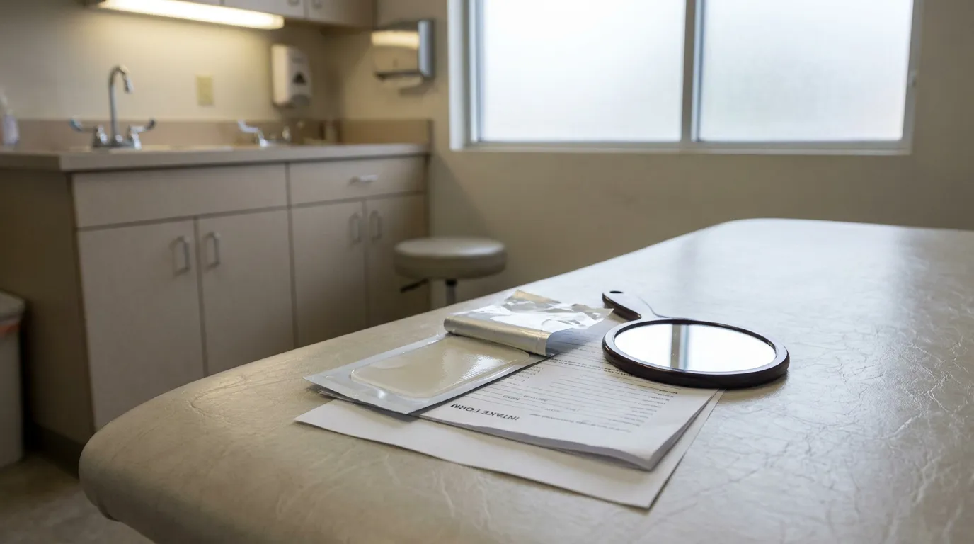 medical exam table with intake form, hand mirror, and packaged medical supply