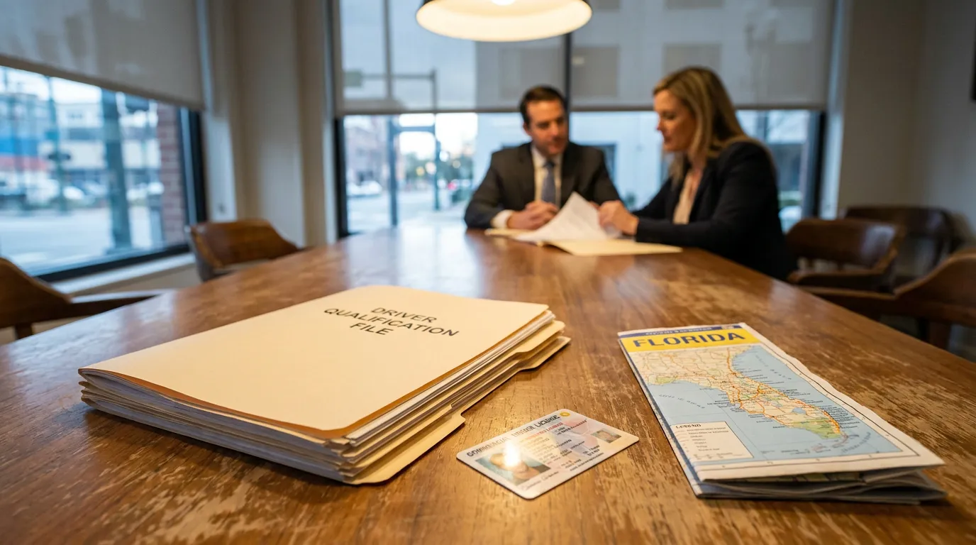 Driver Qualification File folder, Florida map, and license on conference table during legal meeting
