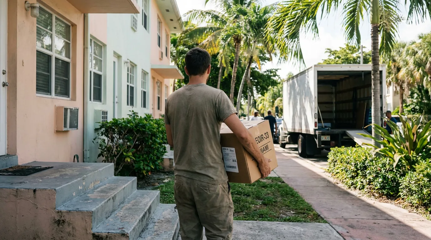mover carrying labeled cardboard box toward residential building near open moving truck