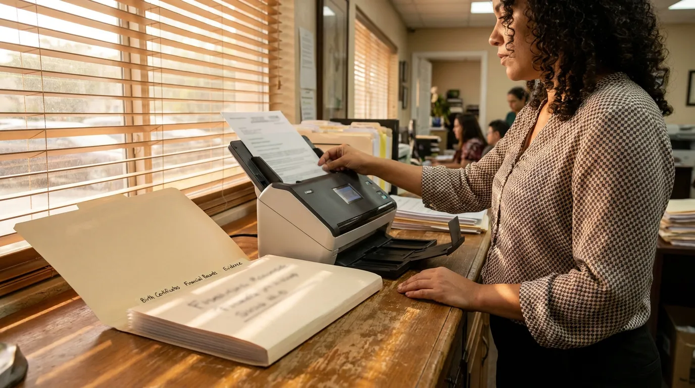legal professional scanning documents labeled Birth Certificate Financial Records Evidence in office