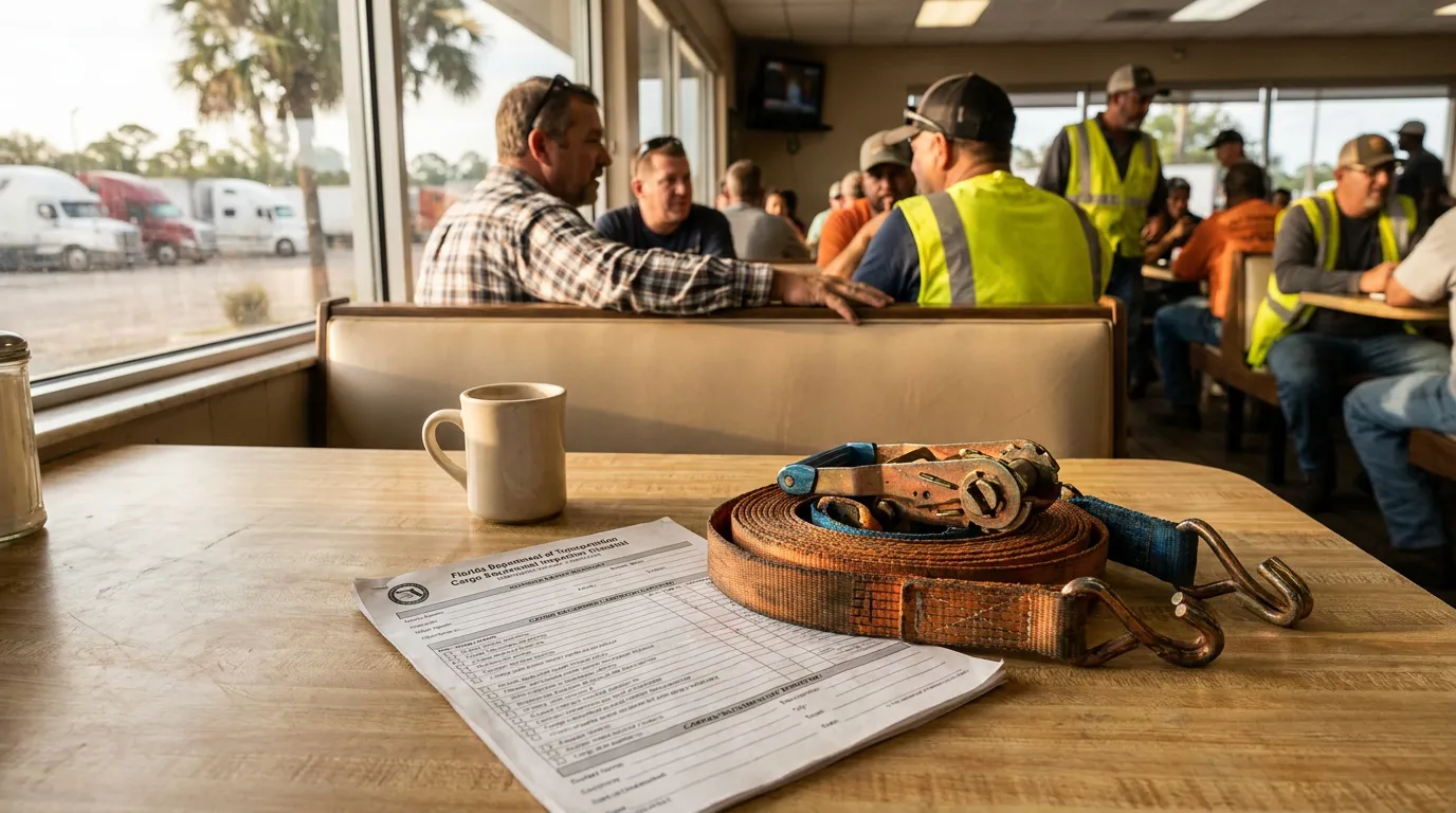 Florida Department of Transportation cargo securement inspection form and ratchet strap on truck stop diner table with workers in background