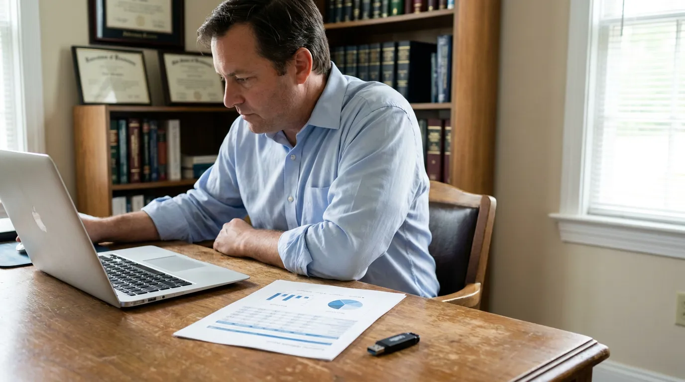 attorney working on laptop at desk with framed diplomas and law books