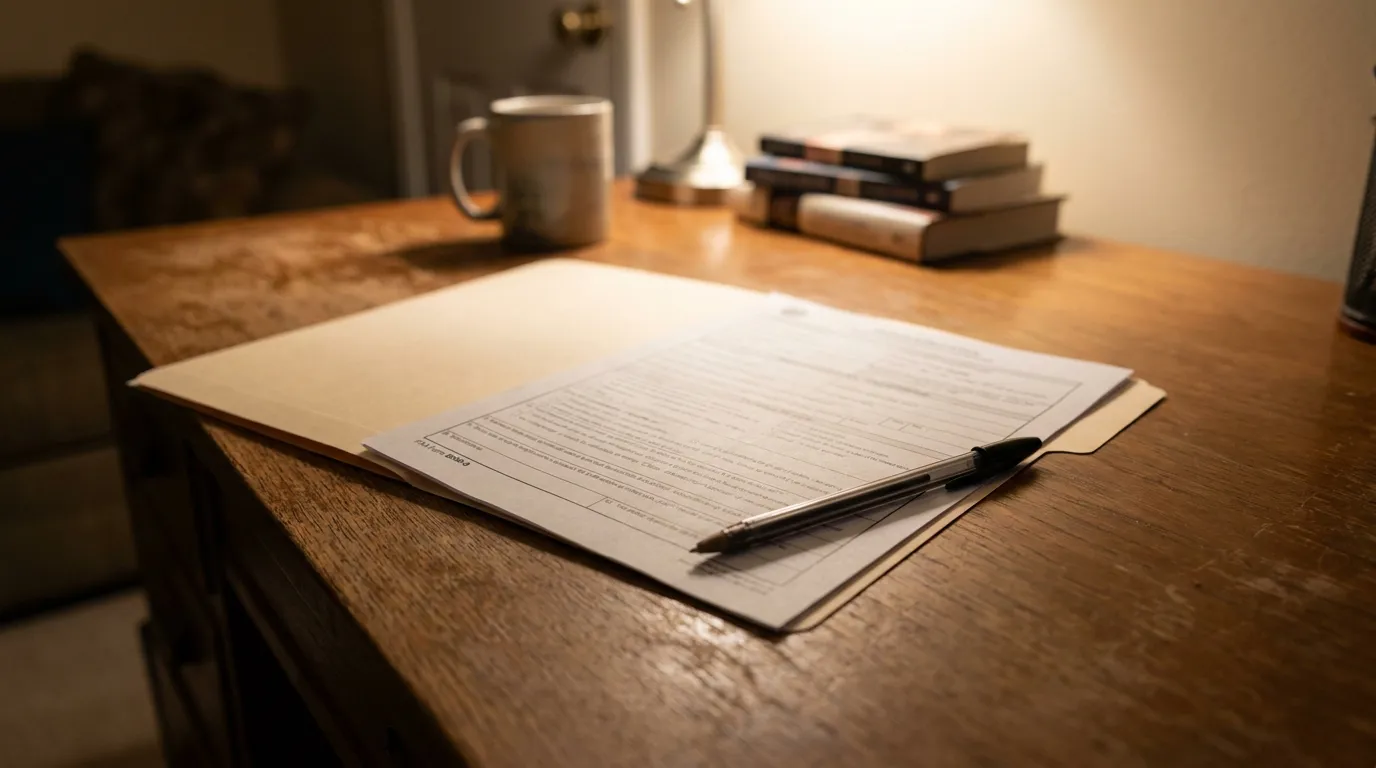 legal document and pen resting inside open file folder on wooden desk