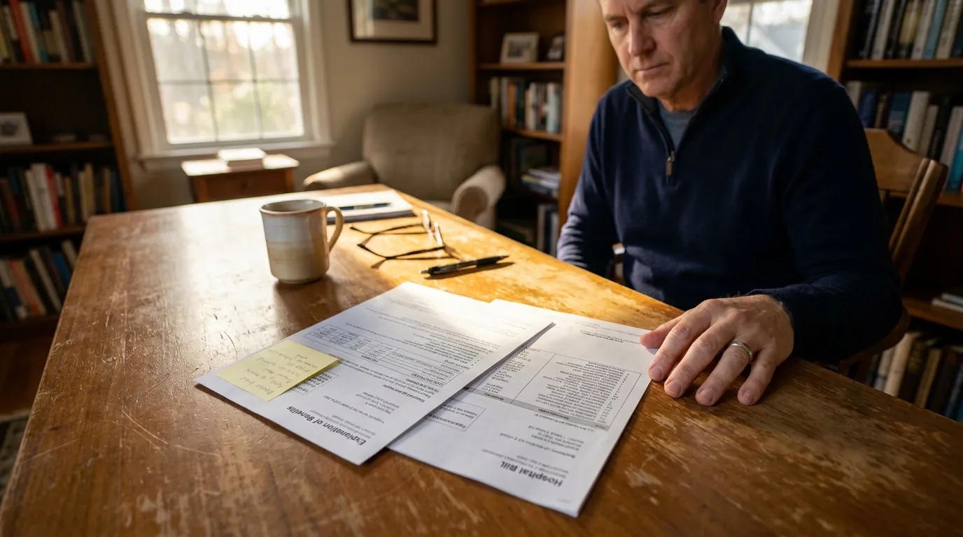 McLean Injury Victim Reviewing Hospital Bill and Insurance Documents man reviewing Hospital Bill and Explanation of Benefits documents at wooden desk